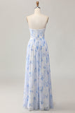 Strapless blauwe bloem A-lijn bedrukte bruiloftsjurk met split