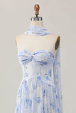 Strapless blauwe bloem A-lijn bedrukte bruiloftsjurk met split