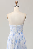 Strapless blauwe bloem A-lijn bedrukte bruiloftsjurk met split