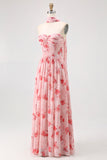 Strapless blauwe bloem A-lijn bedrukte bruiloftsjurk met split