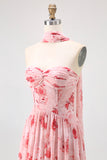 Strapless blauwe bloem A-lijn bedrukte bruiloftsjurk met split