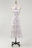 Blauwe bloemen halter A Line gegolfde Midi bruidsmeisjesjurk