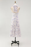 Blauwe bloemen halter A Line gegolfde Midi bruidsmeisjesjurk