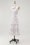 Blauwe bloemen halter A Line gegolfde Midi bruidsmeisjesjurk