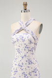 Blauwe bloemen halter A Line gegolfde Midi bruidsmeisjesjurk