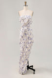 Blauwe bloemenschede strapless bruidsmeisjesjurk met ruches