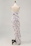 Blauwe bloemenschede strapless bruidsmeisjesjurk met ruches