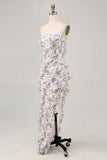 Blauwe bloemenschede strapless bruidsmeisjesjurk met ruches