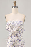Blauwe bloemenschede strapless bruidsmeisjesjurk met ruches