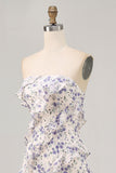 Blauwe bloemenschede strapless bruidsmeisjesjurk met ruches