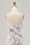Blauwe bloemenschede strapless bruidsmeisjesjurk met ruches