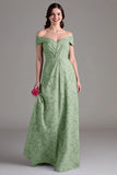 Off-the-shoulder saliegroene bloemen A-lijn lange koorjurk