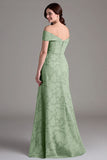 Off-the-shoulder saliegroene bloemen A-lijn lange koorjurk
