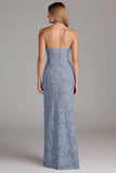 Strapless schede stoffige blauwe lange bruidsmeisjesjurk