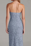 Strapless schede stoffige blauwe lange bruidsmeisjesjurk