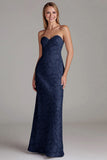 Strapless schede stoffige blauwe lange bruidsmeisjesjurk