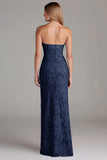 Strapless schede stoffige blauwe lange bruidsmeisjesjurk