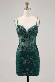 Donkergroene Bodycon Backless Sheer Korset Homecoming Jurk met Pailletten