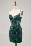 Donkergroene Bodycon Backless Sheer Korset Homecoming Jurk met Pailletten
