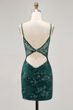 Donkergroene Bodycon Backless Sheer Korset Homecoming Jurk met Pailletten