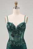 Donkergroene Bodycon Backless Sheer Korset Homecoming Jurk met Pailletten