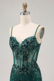 Donkergroene Bodycon Backless Sheer Korset Homecoming Jurk met Pailletten