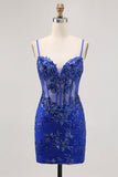 Donkergroene Bodycon Backless Sheer Korset Homecoming Jurk met Pailletten