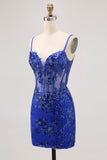 Donkergroene Bodycon Backless Sheer Korset Homecoming Jurk met Pailletten