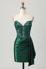 Sprankelende donkergroene strapless korset pailletten bodycon homecoming jurk met slinger
