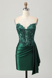 Sprankelende donkergroene strapless korset pailletten bodycon homecoming jurk met slinger