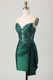 Sprankelende donkergroene strapless korset pailletten bodycon homecoming jurk met slinger