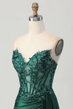Sprankelende donkergroene strapless korset pailletten bodycon homecoming jurk met slinger