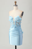 Hemelsblauwe satijnen bodycon strapless pailletten korte homecoming-jurk met applicaties