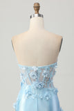 Hemelsblauwe satijnen bodycon strapless pailletten korte homecoming-jurk met applicaties