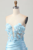 Hemelsblauwe satijnen bodycon strapless pailletten korte homecoming-jurk met applicaties