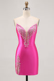 Fuchsia Strapless Bodycon Homecoming Jurk met Kralen en Split