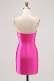 Fuchsia Strapless Bodycon Homecoming Jurk met Kralen en Split