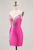 Fuchsia Strapless Bodycon Homecoming Jurk met Kralen en Split