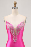 Fuchsia Strapless Bodycon Homecoming Jurk met Kralen en Split