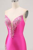 Fuchsia Strapless Bodycon Homecoming Jurk met Kralen en Split