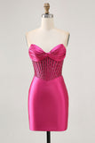 Sparkly Fuchsia Korset Strakke Satijnen Korte Homecoming Jurk
