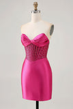 Sparkly Fuchsia Korset Strakke Satijnen Korte Homecoming Jurk