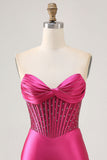 Sparkly Fuchsia Korset Strakke Satijnen Korte Homecoming Jurk