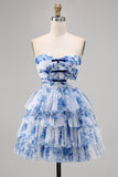 Een lijn strapless gelaagd korset wit blauwe bloem Homecoming jurk met vetersluiting op de rug