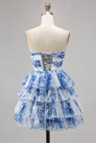 Een lijn strapless gelaagd korset wit blauwe bloem Homecoming jurk met vetersluiting op de rug