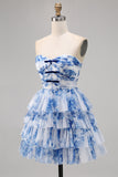 Een lijn strapless gelaagd korset wit blauwe bloem Homecoming jurk met vetersluiting op de rug