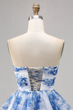 Een lijn strapless gelaagd korset wit blauwe bloem Homecoming jurk met vetersluiting op de rug