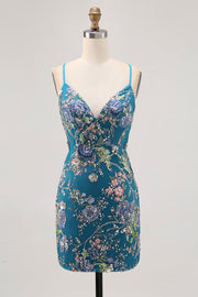 Bodycon korte bloemenpauw Homecoming jurk met pailletten