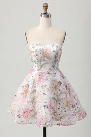 Sprankelende A-lijn strapless korte homecoming-jurk met bloemen en pailletten