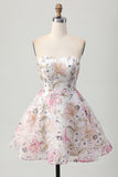 Sprankelende A-lijn strapless korte homecoming-jurk met bloemen en pailletten